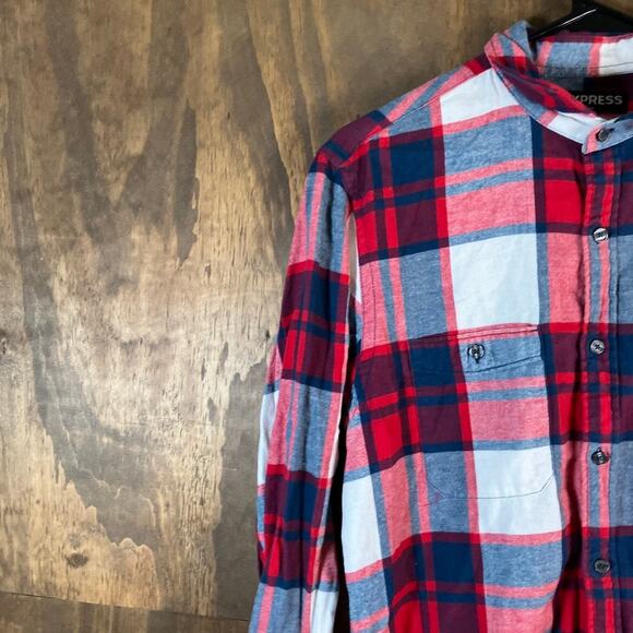 Express Mens Shirt Red White Blue Plaid Button Down Flannel 100% Cotton M - Picture 4 of 12